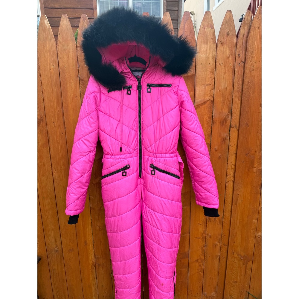 Piro Basic Neon Pink Puffer Ski Suit Hooded Faux Fur Trim One Piece Size 50
